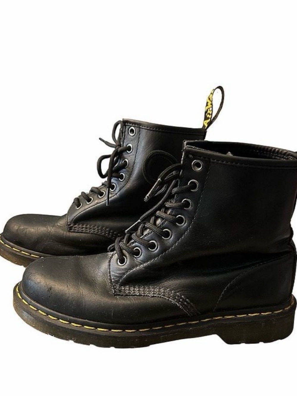 Dr. Martens Black Leather Lace-Up Combat Boots with Yellow Stitching